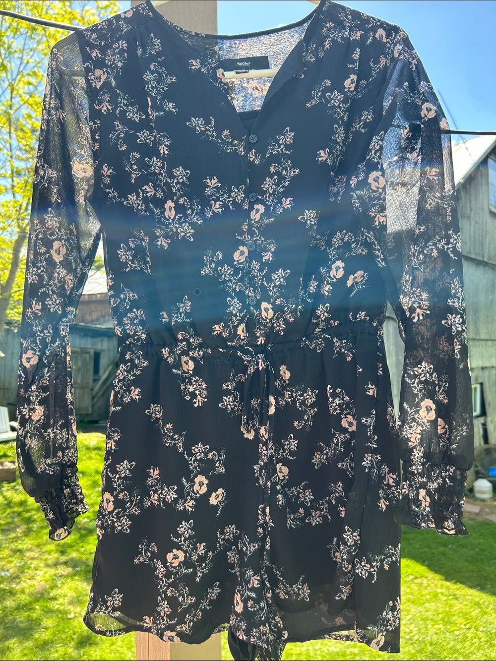 Mossimo Black Floral Romper with Sheer Long Sleeves